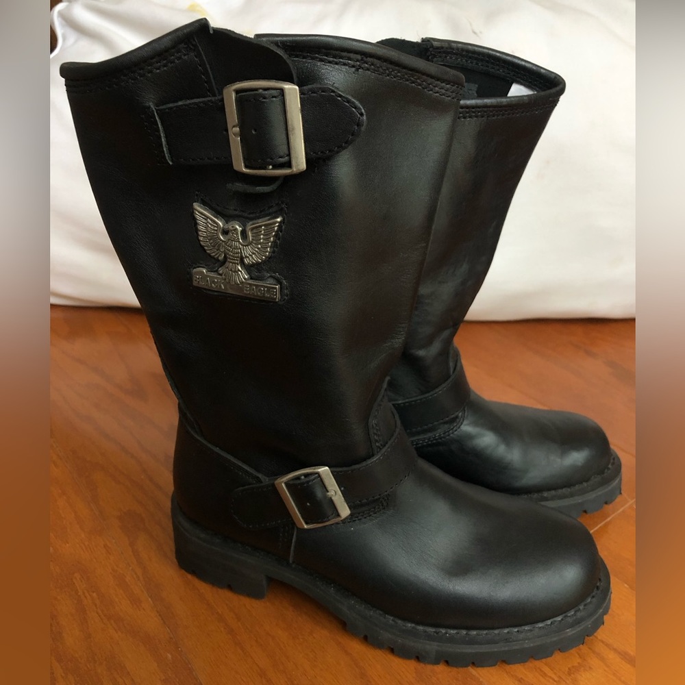 Black Eagle Leather Moto Boots with Buckle - Women's Mid-Calf Motorcycle Boots